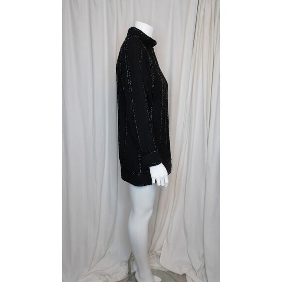 VINTAGE '60s Mod Black Wool Sequin + Beaded Black Long Sleeve Gogo Dress SMALL - Picture 5 of 9